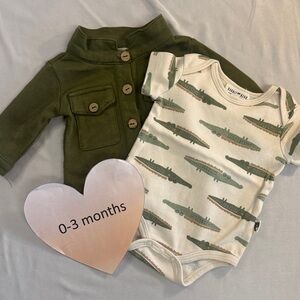 Rabbit + Bear - Organic cotton Green Jacket and Crocodile Print Onesie Set